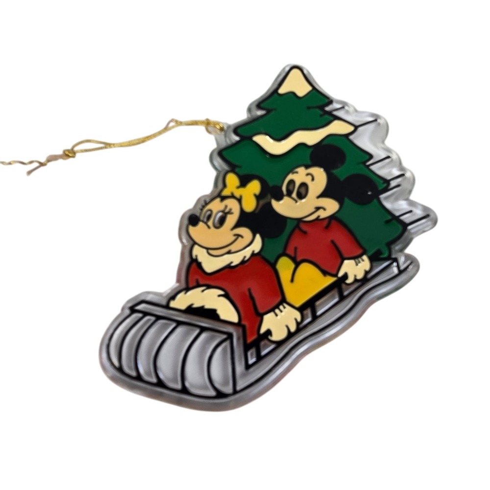 VTG 1985 Walt Disney Mickey & Minnie Mouse Acrylic Stained Glass Ornament